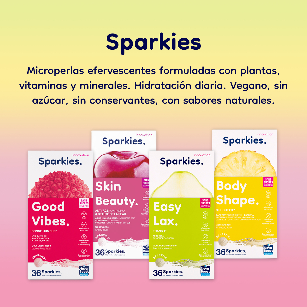 Sparkies. Microperlas efervescentes formuladas con plantas, vitaminas y minerales. Hidratación diaria. Vegano, sin azúcar, sin conservantes, con sabores naturales.
